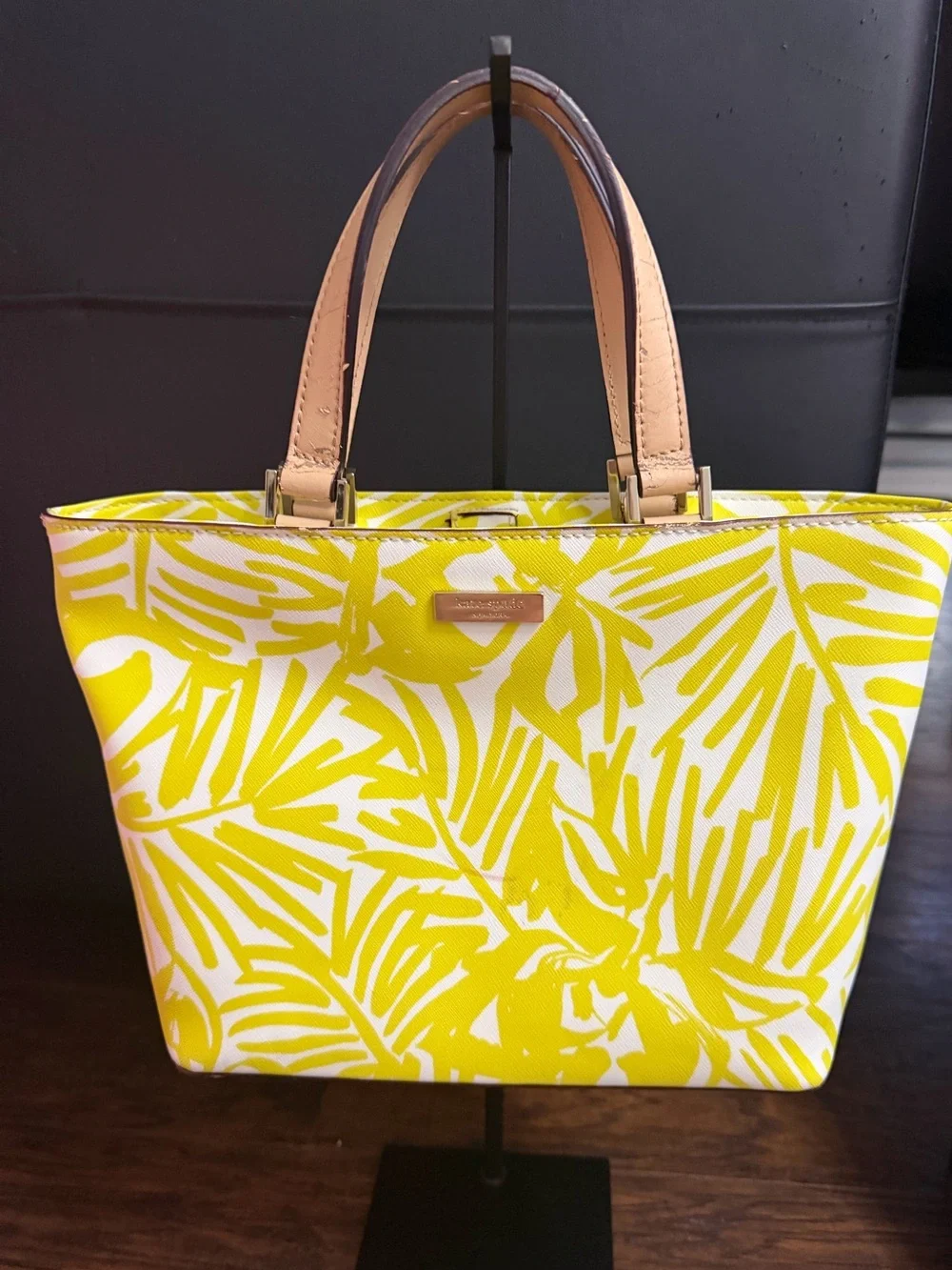 Kate Spade Yellow Palm-Print Tote Bag with Tan Handles